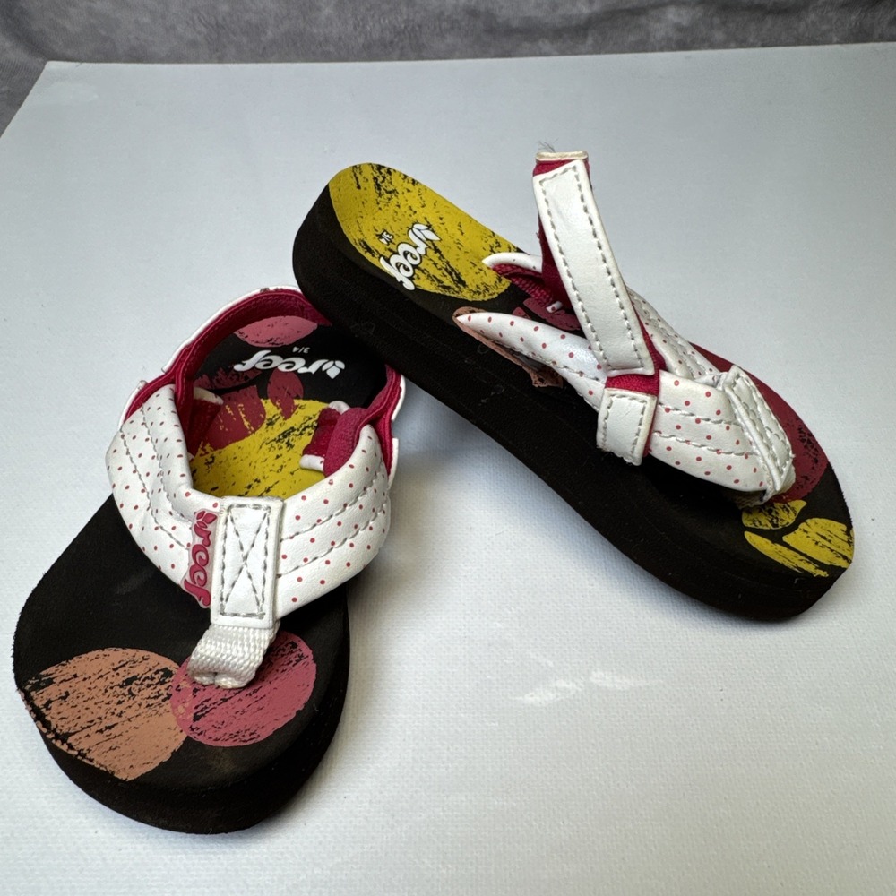 REEF Little Ahi Toddler Sandals Flip Flops Size 3/4‎ White Pink &  Yellow Brown